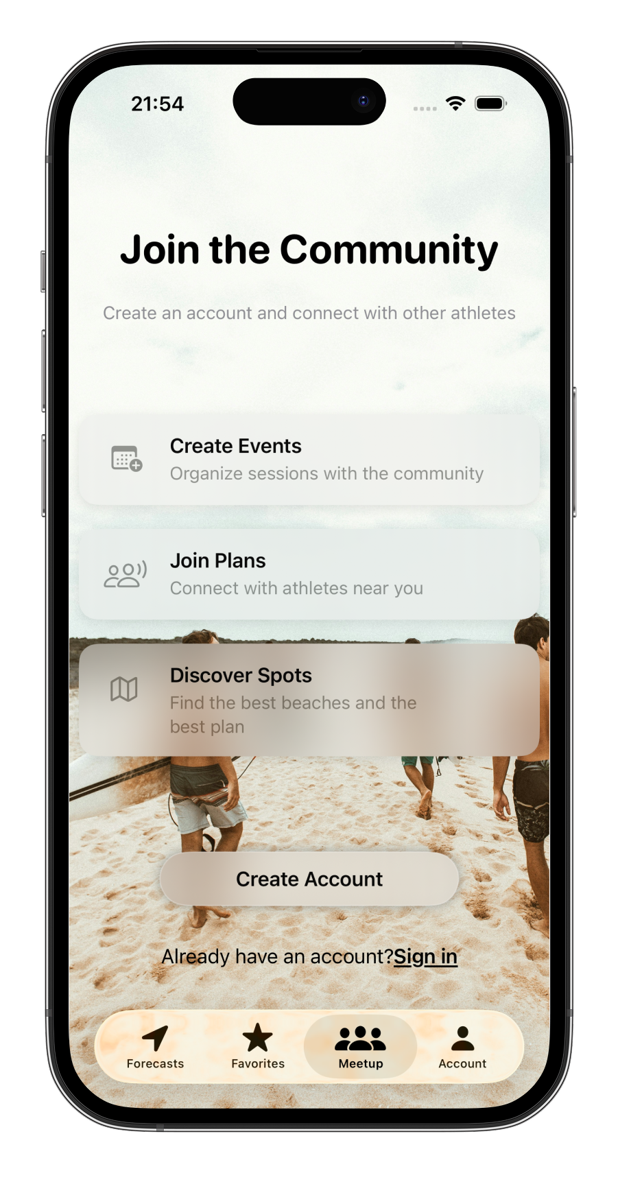 Pantalla de comunidad de Nolana: crear eventos, unirte a planes y descubrir spots